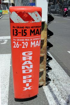 Monte-Carlo, Monaco - April 28, 2016: Red and White Monaco Grand Prix Historique Plastic Signboard in Monte-Carlo, Monaco