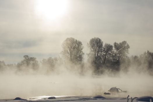 foggy winter landscape frosty morning over the river and trees in hoarfrost on the shores of