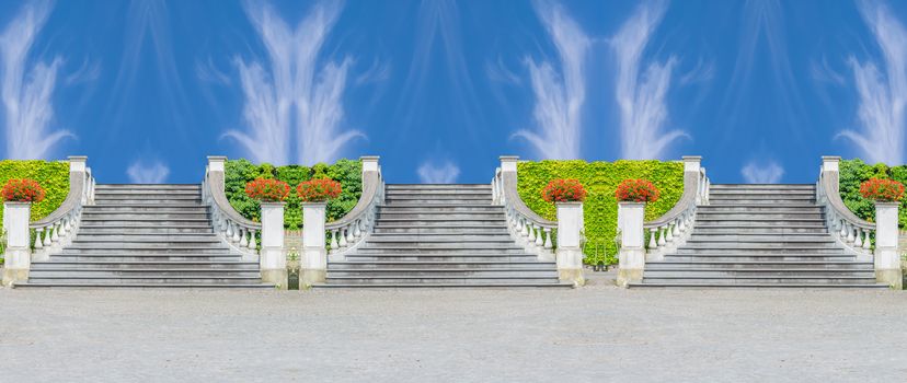 Three old stone stairs to heaven. 3 Stone stairs in the background a blue sky.
