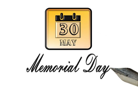 Memorial Day greeting card with pen and calendar page, date 30 May on white background.