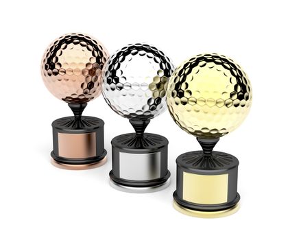 Gold, silver and bronze golf trophies