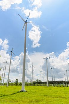 Group wind turbine generator of clean energy under the blue sky in Thailand