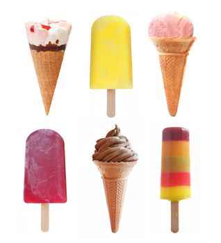 Various types of icecream, and popsicle flavors as a selection over a white background