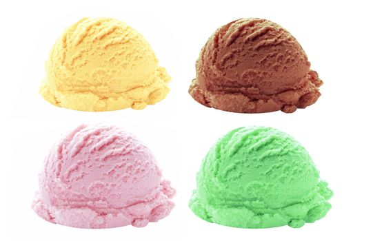 Set of different flavored ice cream scoops including vanilla, chocolate, strawberry and mint