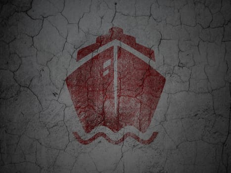 Vacation concept: Red Ship on grunge textured concrete wall background