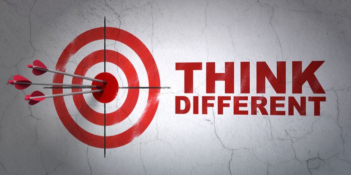 Success Learning concept: arrows hitting the center of target, Red Think Different on wall background, 3D rendering