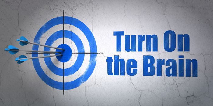 Success Education concept: arrows hitting the center of target, Blue Turn On The Brain on wall background, 3D rendering