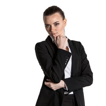 Portrait of young businesswoman in black suit isolated on white background