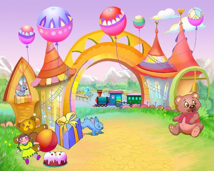 Digital Painting, Illustration of a Colorful Fairy Tale Arch in a Childhood Road. Cartoon Style Artwork Scene, Story Background, Card Design