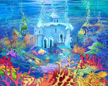 Digital Painting, Illustration of a Mysterious and Fantasy Undersea World. Fantastic Cartoon Style Character, Fairy Tale Story Background, Card Design