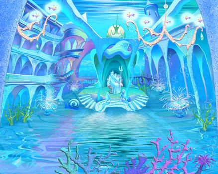 Digital Painting, Illustration of a Mysterious and Fantasy Undersea Atlantis Castle. Fantastic Cartoon Style Character, Fairy Tale Story Background, Card Design