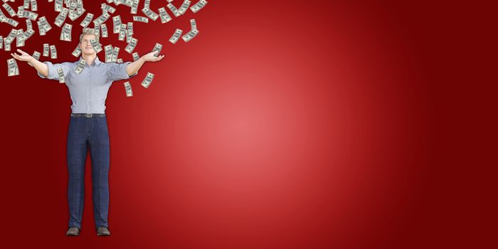 Man Catching Money Falling From the Sky in US Dollars