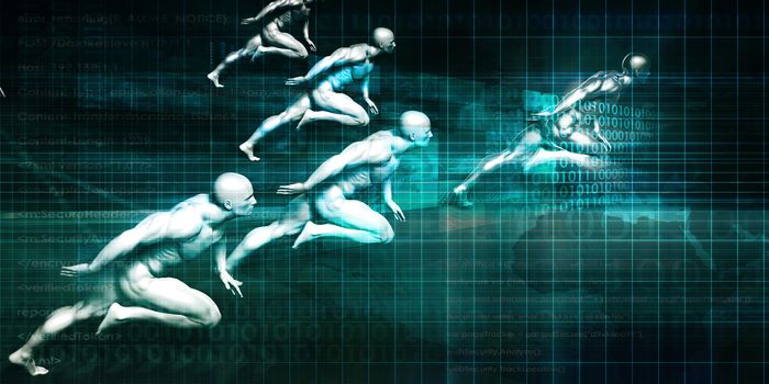 Science and Technology with Men Running as Futuristic Concept