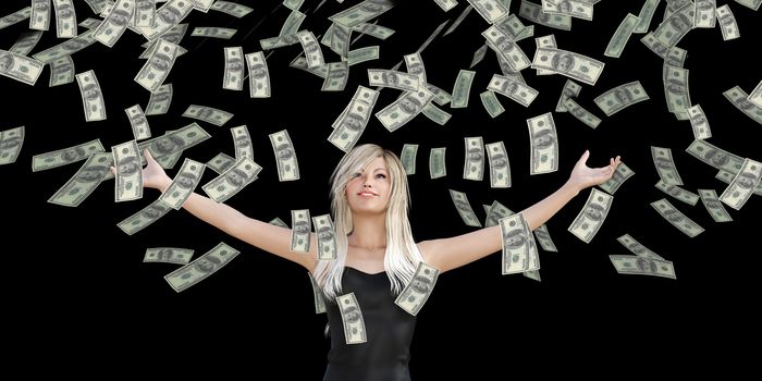 Woman Catching Money Falling From the Sky in US Dollars