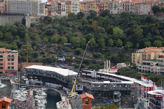 La Condamine, Monaco - May 28, 2016: Many Spectators in the Tribunes and People on Yachts For the Monaco Formula 1 Grand Prix 2016
