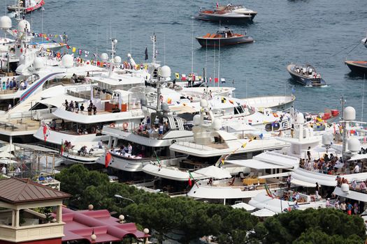 La Condamine, Monaco - May 28, 2016: Luxury Yachts are Parked in the Port Hercule for the Monaco Formula 1 Grand Prix 2016