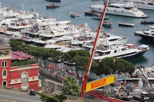 La Condamine, Monaco - May 28, 2016: Luxury Yachts are Parked in the Port Hercule for the Monaco Formula 1 Grand Prix 2016