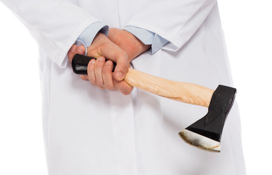 Evil medic holding a small axe, isolated on white