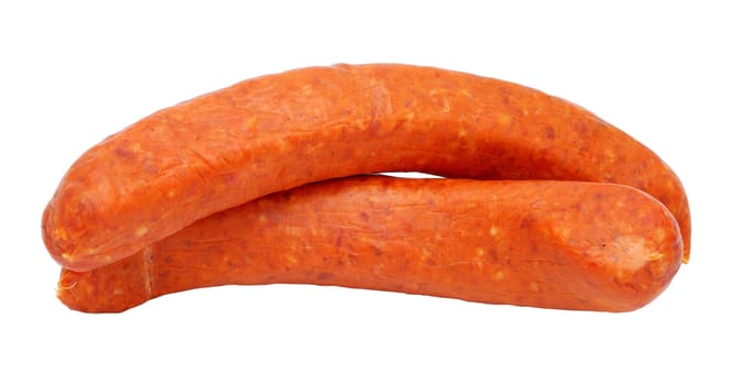 Detail image of two red smoked sausages isolation on white background.