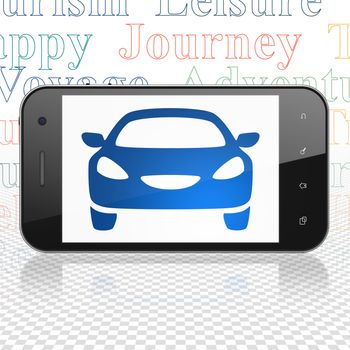 Vacation concept: Smartphone with  blue Car icon on display,  Tag Cloud background, 3D rendering