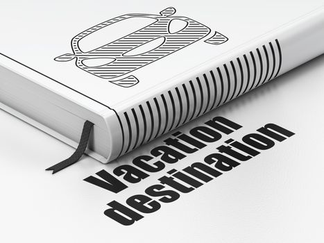 Vacation concept: closed book with Black Car icon and text Vacation Destination on floor, white background, 3D rendering