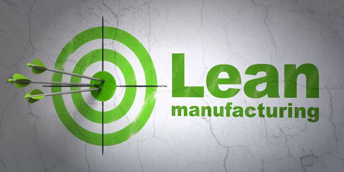 Success Industry concept: arrows hitting the center of target, Green Lean Manufacturing on wall background, 3D rendering