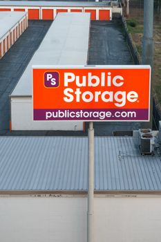 PASADENA, CA/USA - DECEMBER 20, 2015: Public Storage overhead view.  Public Storage is a self-storage company in the United States.