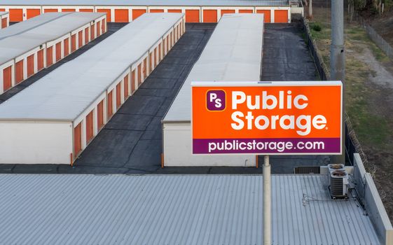 PASADENA, CA/USA - DECEMBER 20, 2015: Public Storage overhead view.  Public Storage is a self-storage company in the United States.