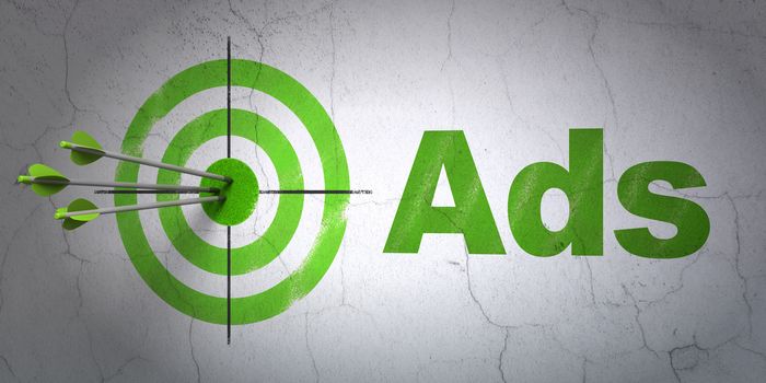 Success advertising concept: arrows hitting the center of target, Green Ads on wall background, 3D rendering