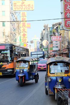 BANGKOK, THAILAND - APRIL24, 2016 : Motorized Tricycle on Yaowarat Road,chinatown of Bangkok, The Motorized Tricycle are a popular way to transport in Yaowarat Road.
