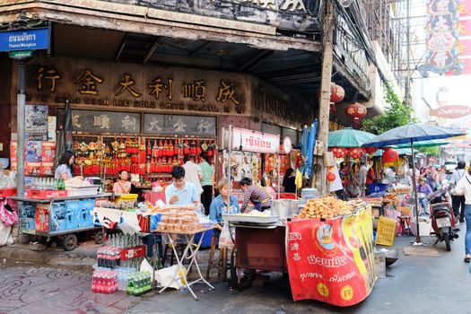 CHINATOWN, BANGKOK,THAILAND-24 APRIL, 2016:street food at Yaowarat Road. Yaowarat road is various products such as street food, gold shop.Restaurant,etc., Famous and Popular destinations for tourists.