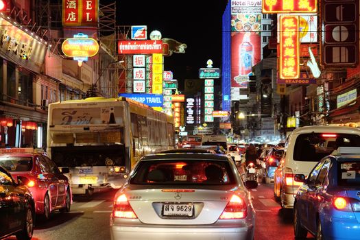 BANGKOK, THAILAND - APRIL24, 2016 :Yaowarat Road Traffic at night of chinatown Bangkok, Yaowarat road is the center of China town in Bangkok, Thailand.