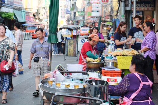 CHINATOWN, BANGKOK,THAILAND-24 APRIL, 2016:street food at Yaowarat Road. Yaowarat road is various products such as street food, gold shop.Restaurant,etc., Famous and Popular destinations for tourists.