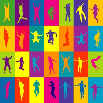 Retro background in squares with people silhouettes jumping