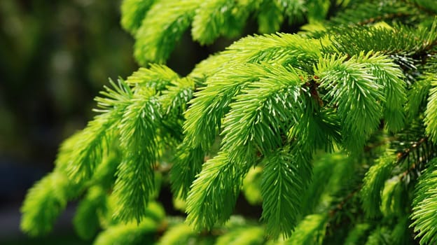 Detail closeup shoot of green branch of common spruce.