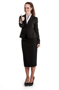 Portrait of young businesswoman in black suit isolated on white background