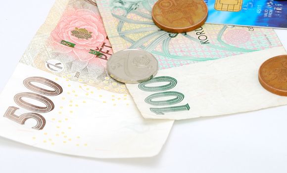 Detail image of money paper and coins with debit card.