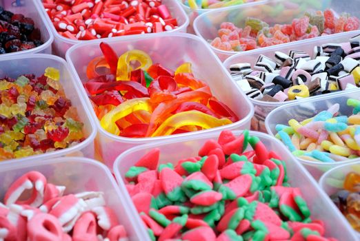 Gelatine candy in plastic dish.