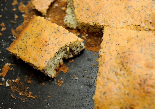 Cut piece of poppy cake on the pan.