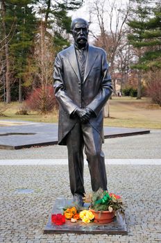 Statue of Tomas Garrigue Masaryk with memories candles in Podebrady city, Czech Republic.
