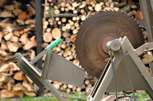 Circular saw with woodshed in background.