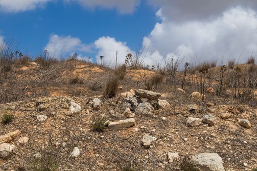 Dry soil with many stones, typical for the island Malta. Coastal part of the island. Intense white clouds on the blue sky.