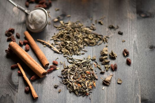 tea composition with cinnamon sticks, lemons