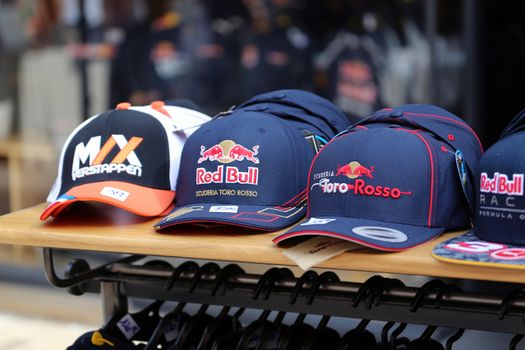 Monte-Carlo, Monaco - May 28, 2016: Many Different Caps of Famous Formula One Team For Sale During the Monaco Formula 1 Grand Prix 2016
