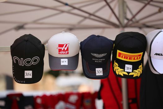 Monte-Carlo, Monaco - May 28, 2016: Many Different Caps of Famous Formula One Team For Sale During the Monaco Formula 1 Grand Prix 2016