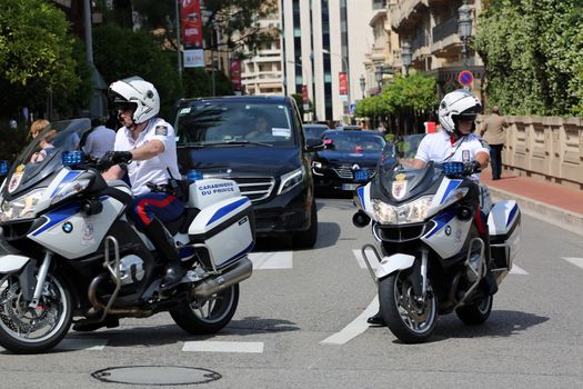 Monte-Carlo, Monaco - May 28, 2016: Police Motorcyclists Escort of the Prince of Monaco during the Monaco Formula 1 Grand Prix 2016
