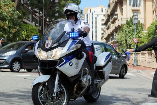 Monte-Carlo, Monaco - May 28, 2016: Police Motorcyclist Escort of the Prince of Monaco during the Monaco Formula 1 Grand Prix 2016