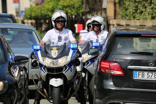 Monte-Carlo, Monaco - May 28, 2016: Police Motorcyclists Escort of the Prince of Monaco during the Monaco Formula 1 Grand Prix 2016

