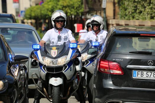 Monte-Carlo, Monaco - May 28, 2016: Police Motorcyclists Escort of the Prince of Monaco during the Monaco Formula 1 Grand Prix 2016

