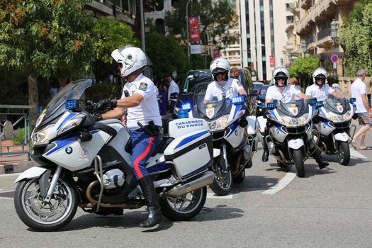 Monte-Carlo, Monaco - May 28, 2016: Four Motorcyclists of the Monaco Police during the Monaco Formula 1 Grand Prix 2016